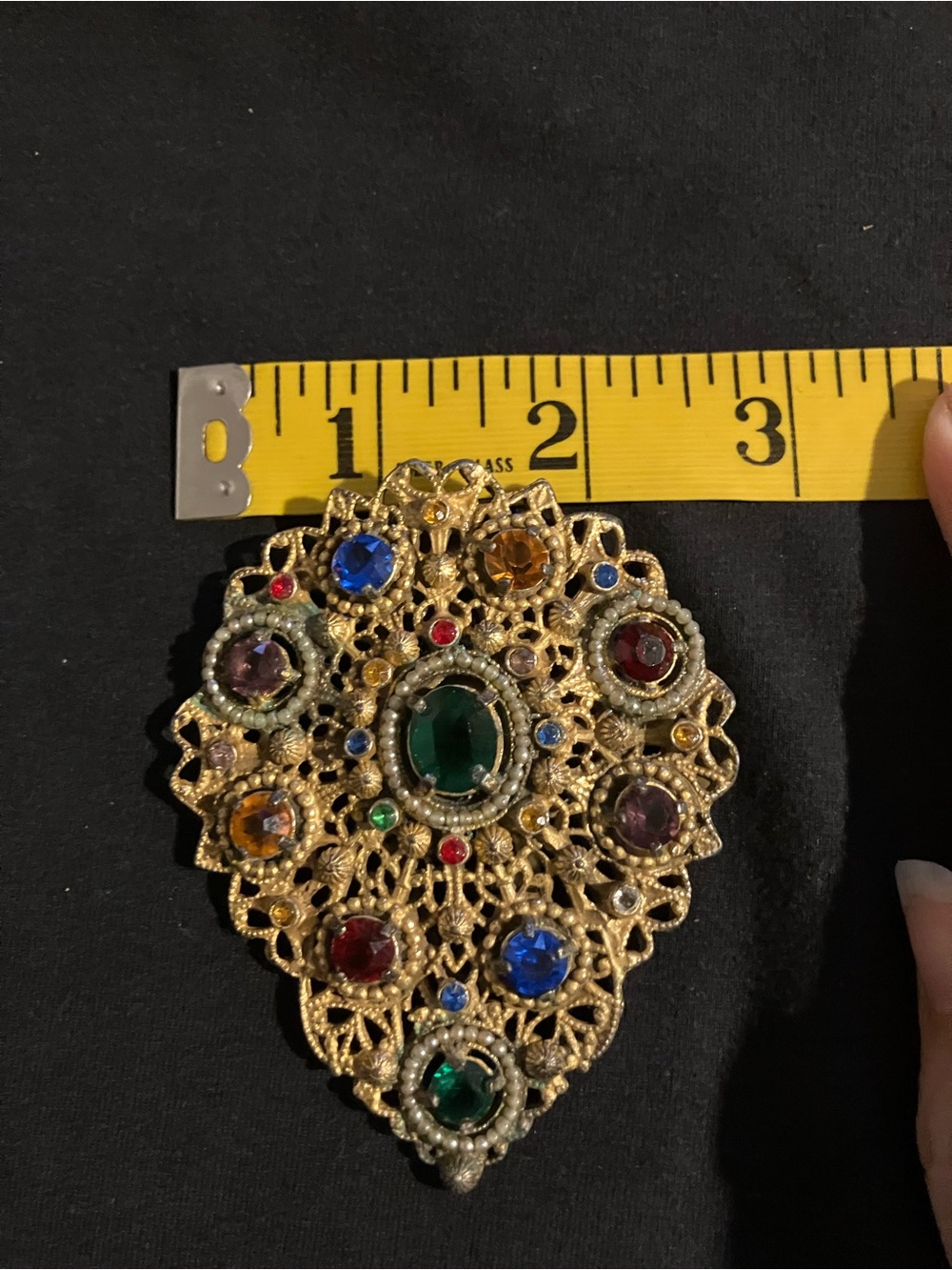 Gold-Tone Multicolor Filigree Statement Brooch / Dress Clip - Picture 7 of 10